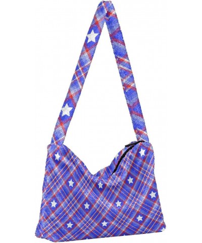 4th of July Women Boho Handbag American Checker Tartan Stars Underarm Bag Tote Bag Shoulder Bag Crossbody Bag Fluffy Cell Pho...