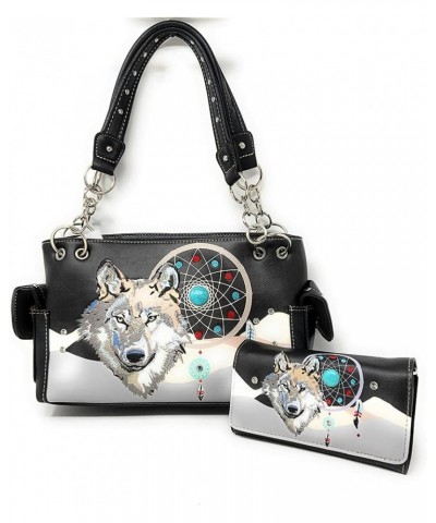 Western Wolf Dream Catcher Embroidery Feather Conceal Carry Women Handbag Purse in 5 colors Black Set $29.63 Shoulder Bags