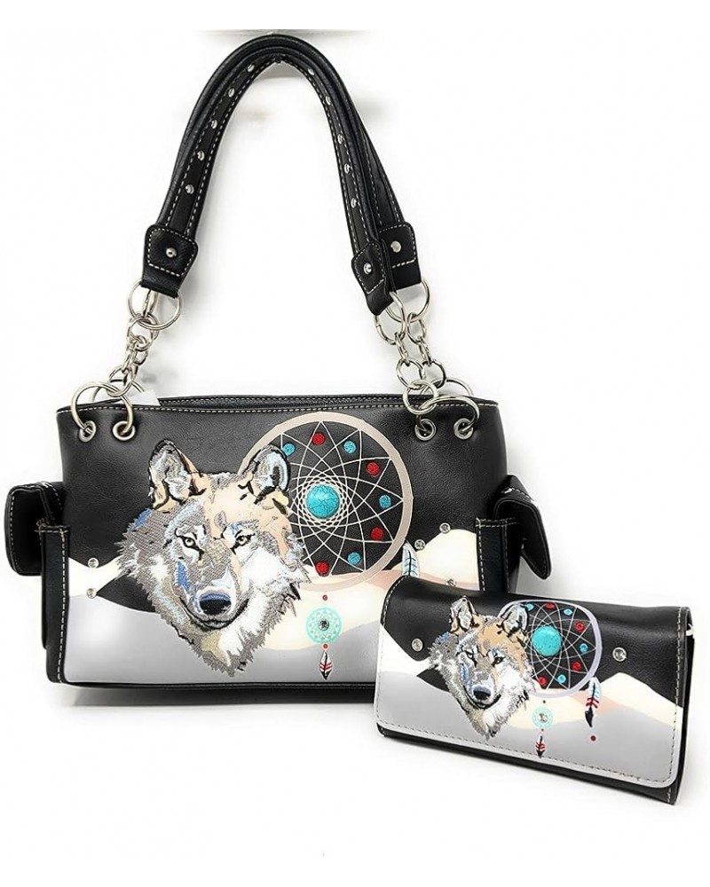 Western Wolf Dream Catcher Embroidery Feather Conceal Carry Women Handbag Purse in 5 colors Black Set $29.63 Shoulder Bags