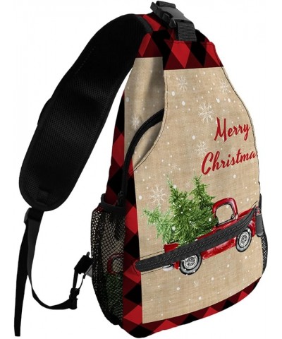 Sling Backpack, Merry Christmas Red Truck with Tree Red and Black Buffalo Plaid Waterproof Lightweight Small Sling Bag, Trave...