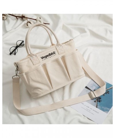 Canvas Tote Bag with Pockets Medium Tote Bag for Women Cute Crossbody Tote Bag Aesthetic Plain Work Tote Bag Beige-12.6*8.7 i...