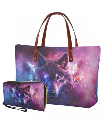 Top Handle Purse for Women, Purse and Wallet Set Large Tote Handbag with PU Wallet Purse Galaxy Wolf Butterfly-purple $26.39 ...