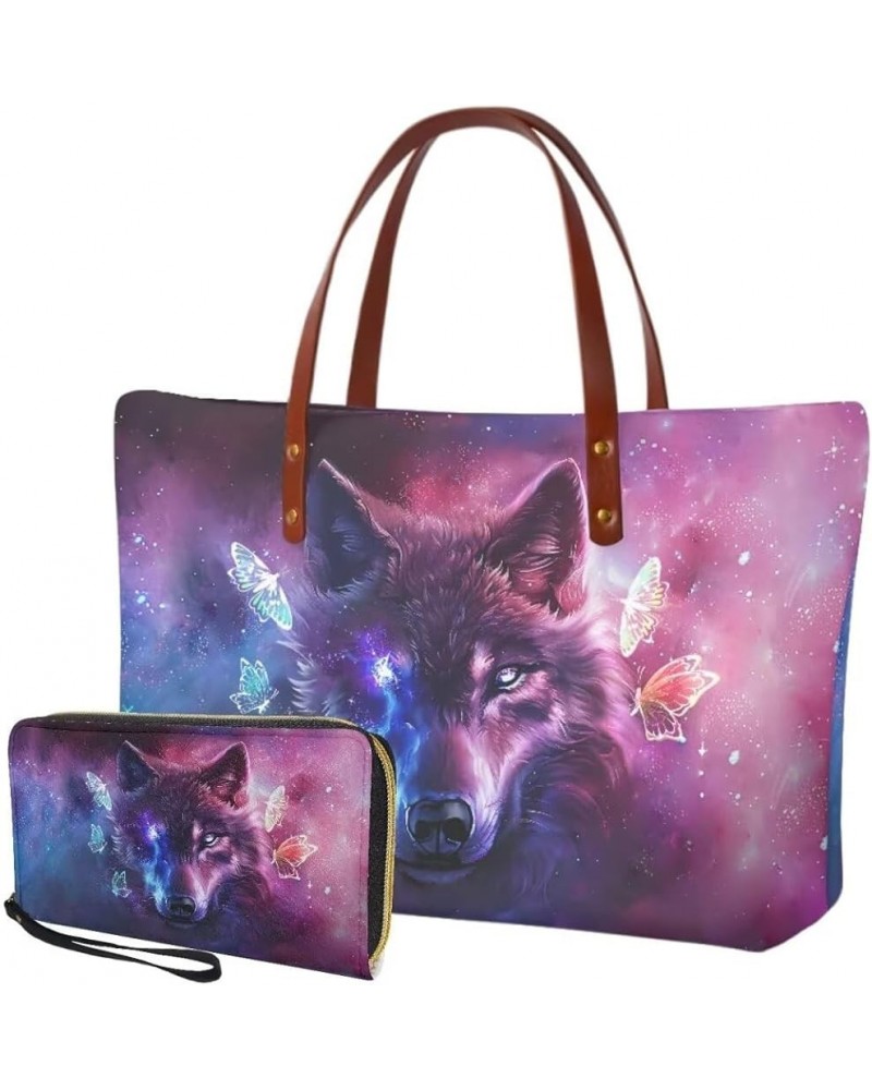 Top Handle Purse for Women, Purse and Wallet Set Large Tote Handbag with PU Wallet Purse Galaxy Wolf Butterfly-purple $26.39 ...