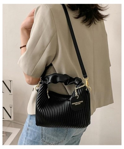 Women's Hobo Bag PU Leather Shoulder Crossbody Bag Soft Purse Fashion Stripe Totes Handbag Pleated Satchels Black $18.95 Totes