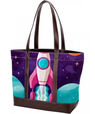 Large Tote Bags for Women, Faux Leather Strap and Bottom, Canvas Shoulder Bag Handbag, cartoon space pattern $22.93 Totes