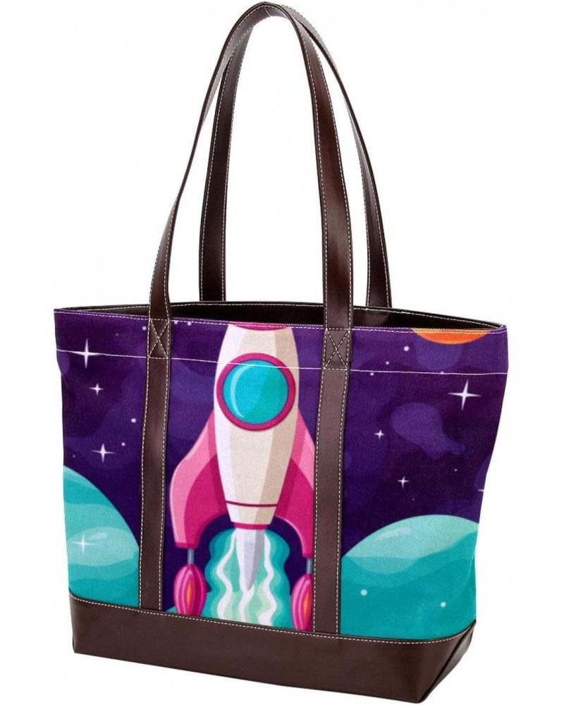 Large Tote Bags for Women, Faux Leather Strap and Bottom, Canvas Shoulder Bag Handbag, cartoon space pattern $22.93 Totes