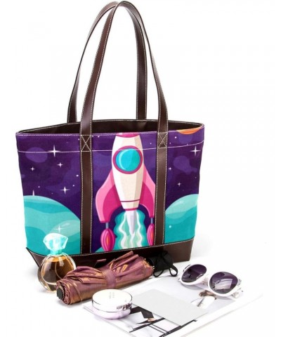 Large Tote Bags for Women, Faux Leather Strap and Bottom, Canvas Shoulder Bag Handbag, cartoon space pattern $22.93 Totes