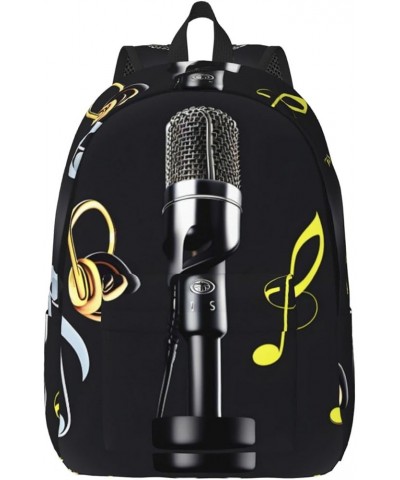 Microphone With Music Notes Print Lightweight Travel Canvas Backpack Casual Daypack For Men Women Work, Sports, Beach Black M...