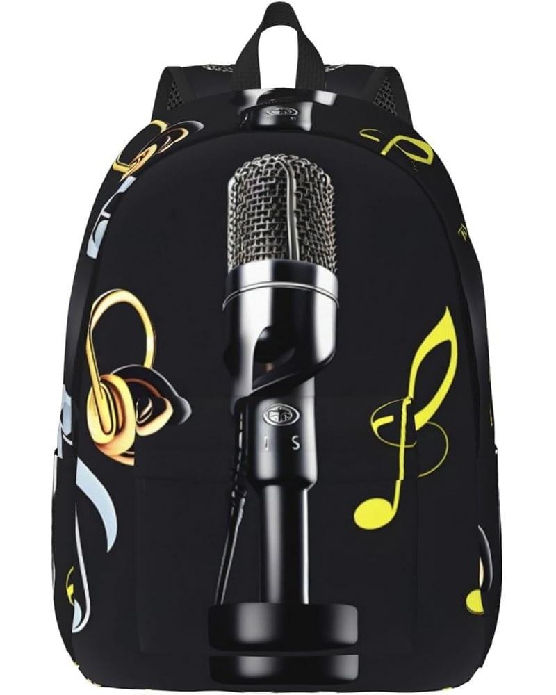 Microphone With Music Notes Print Lightweight Travel Canvas Backpack Casual Daypack For Men Women Work, Sports, Beach Black M...