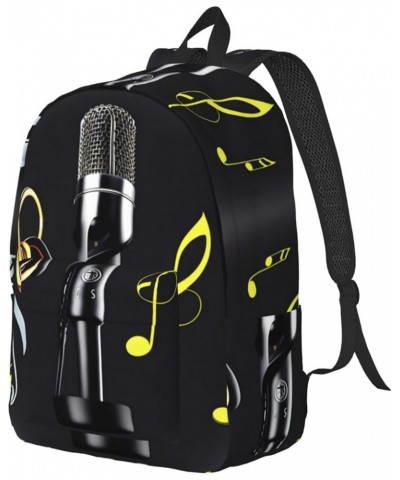 Microphone With Music Notes Print Lightweight Travel Canvas Backpack Casual Daypack For Men Women Work, Sports, Beach Black M...