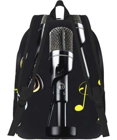 Microphone With Music Notes Print Lightweight Travel Canvas Backpack Casual Daypack For Men Women Work, Sports, Beach Black M...