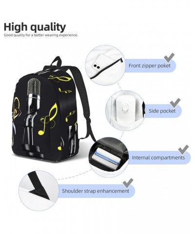 Microphone With Music Notes Print Lightweight Travel Canvas Backpack Casual Daypack For Men Women Work, Sports, Beach Black M...