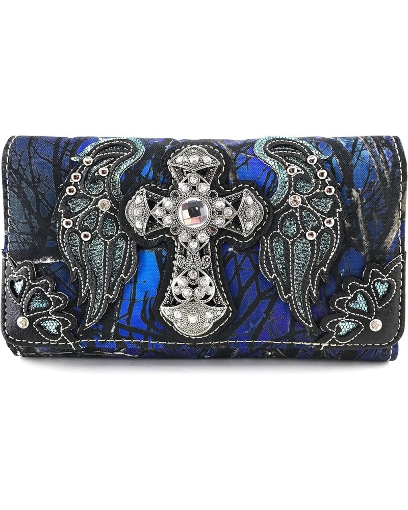 Camouflage Shine Glow Cross Wings Women Crossbody Trifold Wallet (Hot Pink) Blue $16.19 Wallets