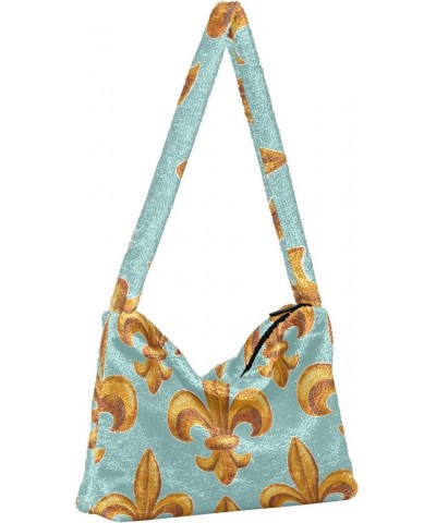 Mardi Gras Women Boho Handbag Fleur De Lis Retro Gold Blue Underarm Bag Tote Bag Shoulder Bag Crossbody Bag Fluffy Cell Phone...