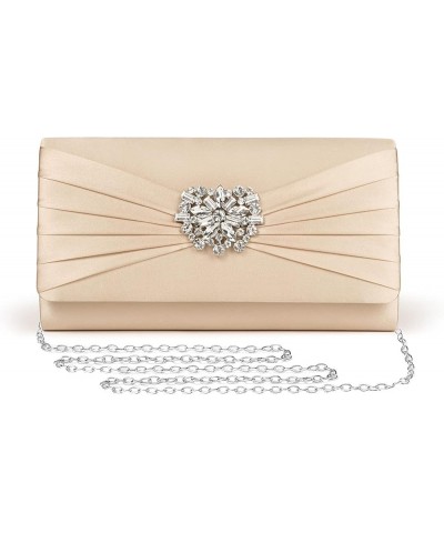 Evening Bags For Women Pleated Satin Rhinestone Brooch Prom Clutch Purse With Detachable Chain Strap Gold $14.57 Evening Bags