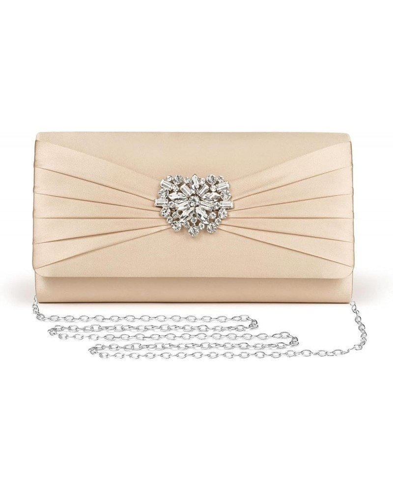 Evening Bags For Women Pleated Satin Rhinestone Brooch Prom Clutch Purse With Detachable Chain Strap Gold $14.57 Evening Bags