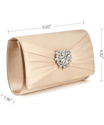 Evening Bags For Women Pleated Satin Rhinestone Brooch Prom Clutch Purse With Detachable Chain Strap Gold $14.57 Evening Bags