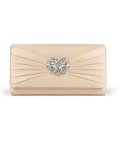 Evening Bags For Women Pleated Satin Rhinestone Brooch Prom Clutch Purse With Detachable Chain Strap Gold $14.57 Evening Bags