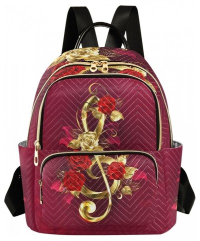 Small Backpack for Women Travel Bag Golden Musical Note Red Roses Daypack Purse Fashion Shoulder Bag Rucksack Medium B1067 $1...