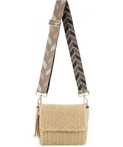 Women's Summer Straw Braided Shoulder Crossbody Bag with Tassel Chain, Adjustable Shoulder Straps Woven Beach Handbag Beige (...