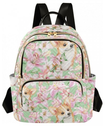 Mini Backpack for Women, Welsh Corgies with Lilly Flowers Travel Backpack Purse for Ladies, Small Bookbag Daypack Shoulder Ba...