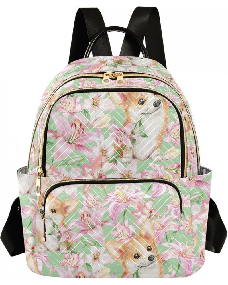 Mini Backpack for Women, Welsh Corgies with Lilly Flowers Travel Backpack Purse for Ladies, Small Bookbag Daypack Shoulder Ba...