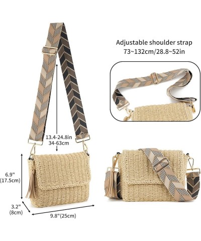 Women's Summer Straw Braided Shoulder Crossbody Bag with Tassel Chain, Adjustable Shoulder Straps Woven Beach Handbag Beige (...