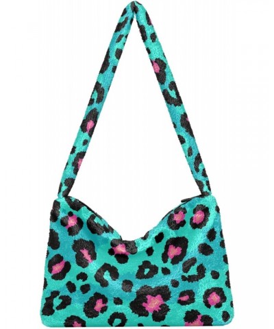 Blue Leopard Print Plush Shoulder Bag Furry Tote Handbag Purse Faux Fur Crossbody Bag for Women $11.75 Totes