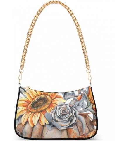 Women Chain Shoulder Purse Bag With Zipper Autumn Pumpkin Sunflower Print, Roses Leaves Hobo Tote Clutch Handbags with Chain ...