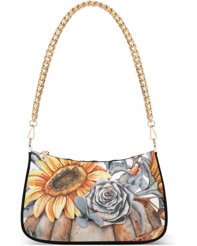 Women Chain Shoulder Purse Bag With Zipper Autumn Pumpkin Sunflower Print, Roses Leaves Hobo Tote Clutch Handbags with Chain ...