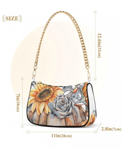 Women Chain Shoulder Purse Bag With Zipper Autumn Pumpkin Sunflower Print, Roses Leaves Hobo Tote Clutch Handbags with Chain ...