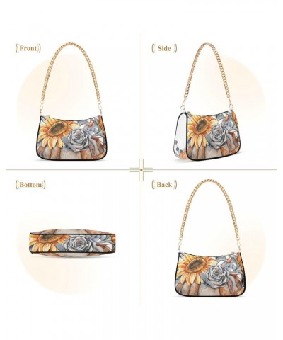 Women Chain Shoulder Purse Bag With Zipper Autumn Pumpkin Sunflower Print, Roses Leaves Hobo Tote Clutch Handbags with Chain ...