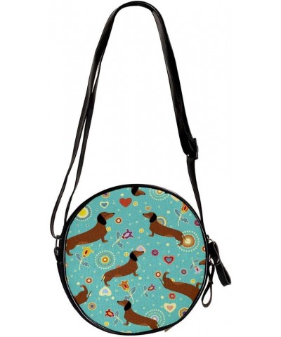 Dachshund And Flower Circle Shoulder Bags Cell Phone Pouch Crossbody Purse Round Wallet Clutch Bag For Women With Adjustable ...