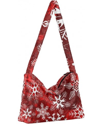 Christmas Women Boho Handbag Snowflake Red White Underarm Bag Tote Bag Shoulder Bag Crossbody Bag Fluffy Cell Phone Purse Lad...