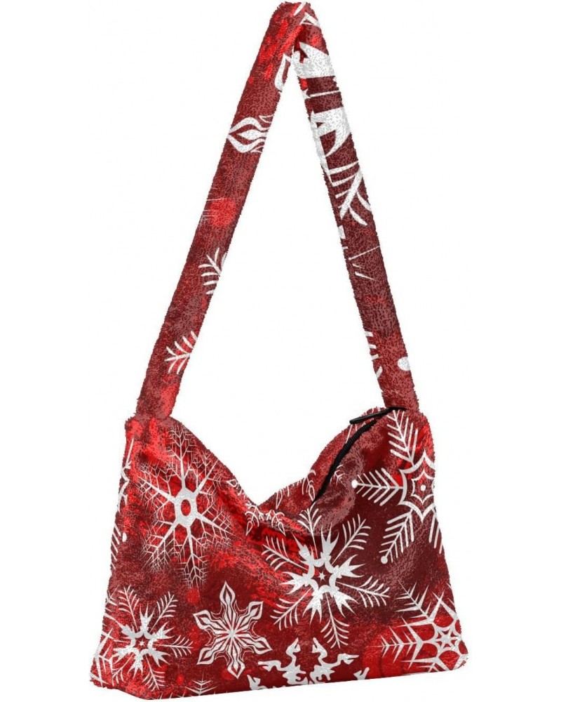 Christmas Women Boho Handbag Snowflake Red White Underarm Bag Tote Bag Shoulder Bag Crossbody Bag Fluffy Cell Phone Purse Lad...