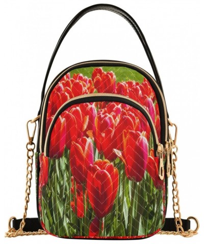 Field Of Red Tulips Crossbody Handbags for Women Casual Leather Shoulder Phone Purse $15.33 Crossbody Bags