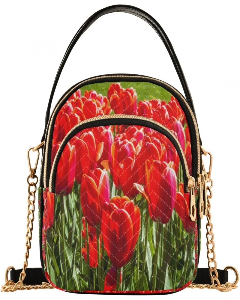 Field Of Red Tulips Crossbody Handbags for Women Casual Leather Shoulder Phone Purse $15.33 Crossbody Bags