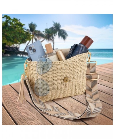 Women's Summer Straw Braided Shoulder Crossbody Bag with Tassel Chain, Adjustable Shoulder Straps Woven Beach Handbag Beige (...