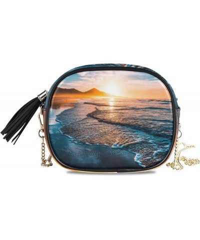 Small Crossbody Bag Summer Beach Sunset Womens Shoulder Chain Bag PU Leather Small Purse With Tassel $13.19 Shoulder Bags