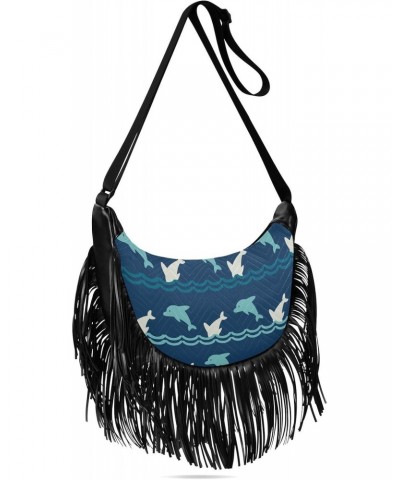 Jumping Dolphins Blue Waves Fringe Bag for Women Cross Body Bag Tassel Shoulder Bag Satchel $14.30 Crossbody Bags