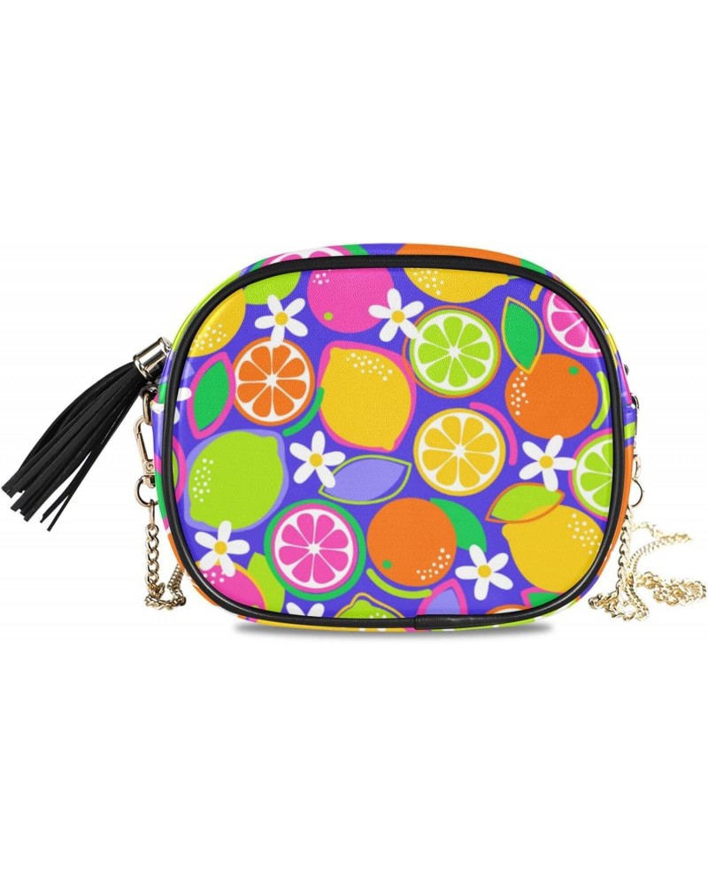 Small Crossbody Bag Colorful Citrus Fruits and Flowers Womens Shoulder Chain Bag PU Leather Small Purse With Tassel $11.28 Sh...