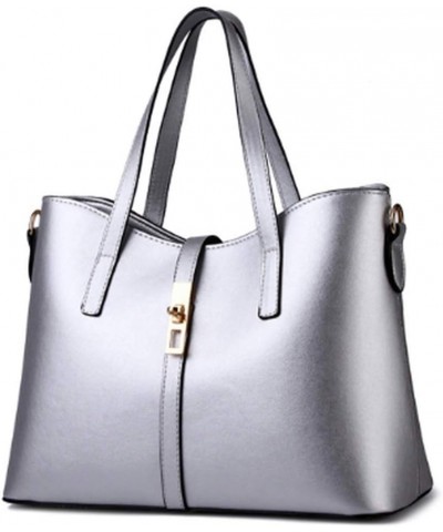 Women's PU Leather Solid Handbag Lock Bag Large Capacity Shoulder Bag Diagonal Tote Silver $20.26 Totes