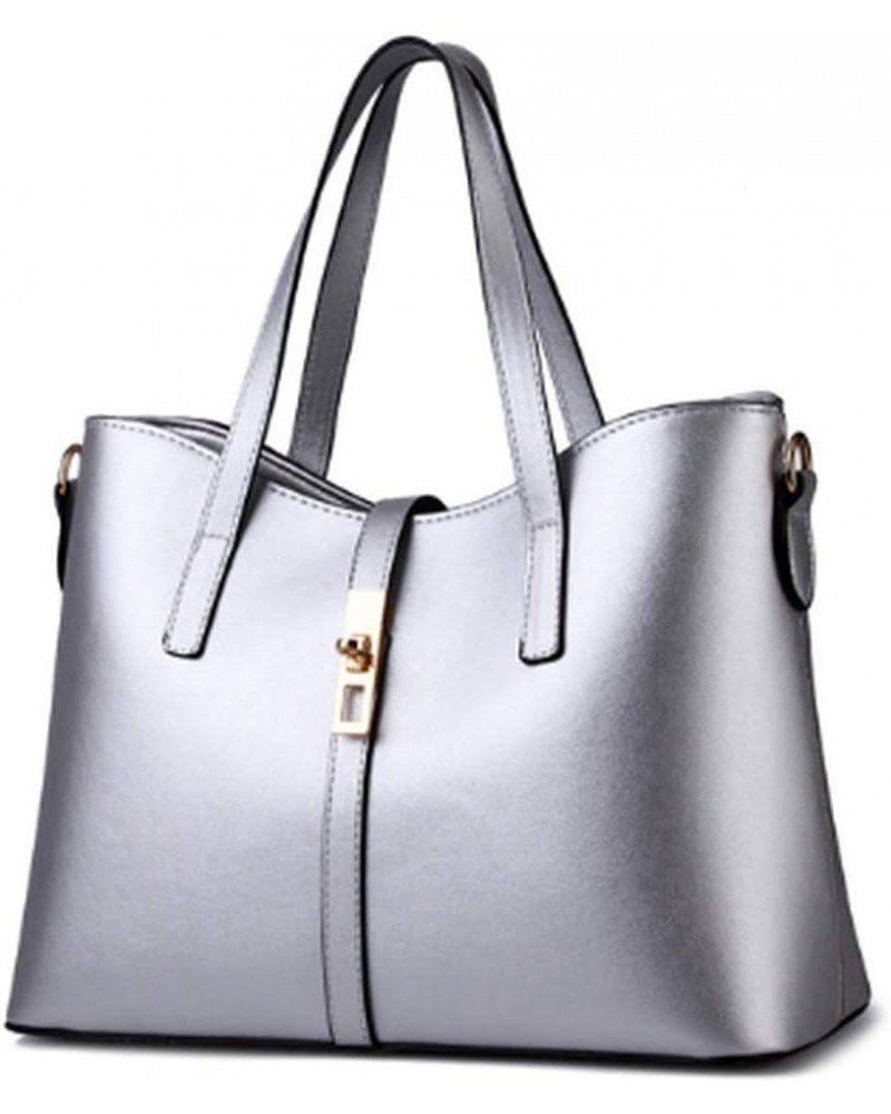 Women's PU Leather Solid Handbag Lock Bag Large Capacity Shoulder Bag Diagonal Tote Silver $20.26 Totes