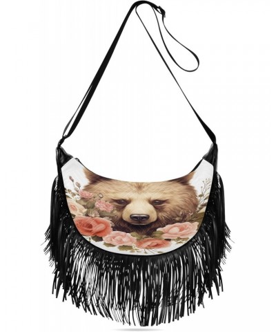 Women's Fringe Crossbody Tassel Purse Bear with Flowers Hobo Shoulder Bags Crossbody Handbag with Adjustable Shoulder Straps ...