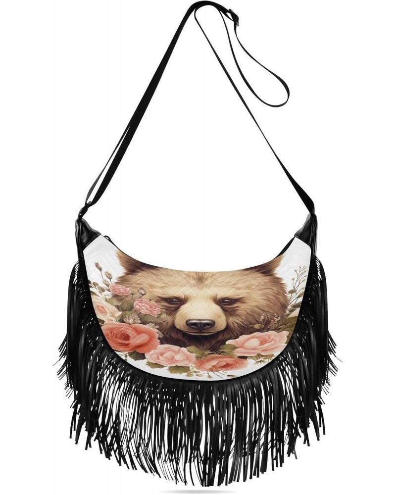 Women's Fringe Crossbody Tassel Purse Bear with Flowers Hobo Shoulder Bags Crossbody Handbag with Adjustable Shoulder Straps ...