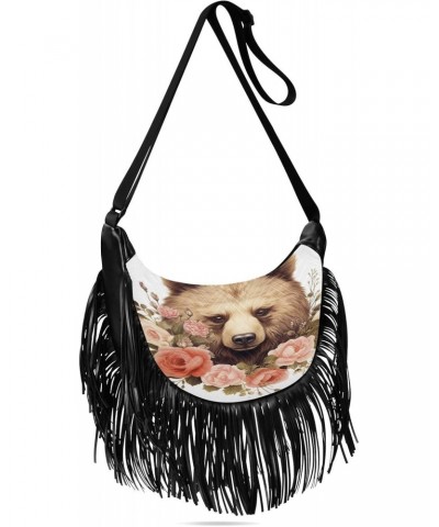 Women's Fringe Crossbody Tassel Purse Bear with Flowers Hobo Shoulder Bags Crossbody Handbag with Adjustable Shoulder Straps ...