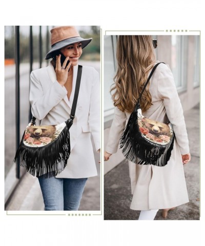 Women's Fringe Crossbody Tassel Purse Bear with Flowers Hobo Shoulder Bags Crossbody Handbag with Adjustable Shoulder Straps ...