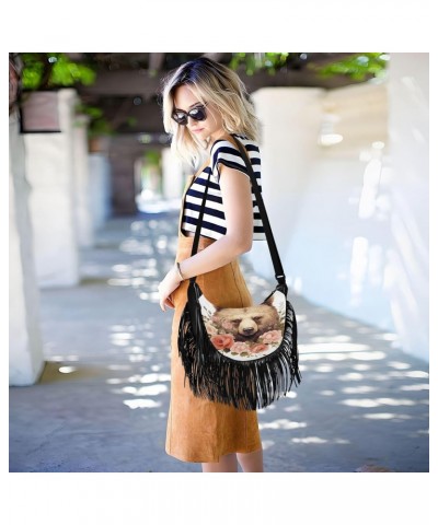 Women's Fringe Crossbody Tassel Purse Bear with Flowers Hobo Shoulder Bags Crossbody Handbag with Adjustable Shoulder Straps ...