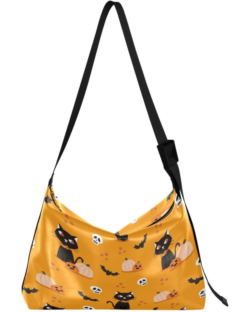 Black Cat Pumpkin Hobo Crossbody Bags for Women Leather Large Shoulder Bag Cross Body Halloween Skull Bats Trendy Womens Tote...