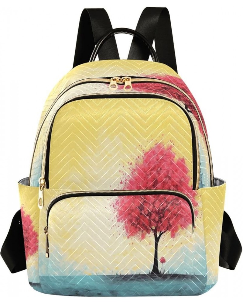 Yellow Pink Trees Quilted Backpack for Women Purse Shoulder Bag Travel Bags for Work Daily Nurse S Medium $14.26 Backpacks